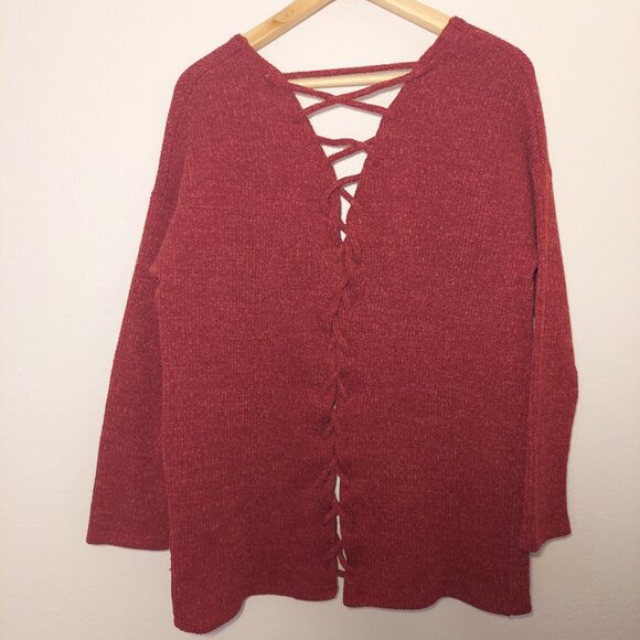 Heart & Hips Burgundy Lace-Up Back Cardigan | Open Front Knit Sweater Size S - Picture 7 of 9